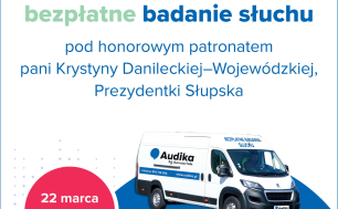 Na zdjęciu widzimy plakat z zapowiedzią bezpłatnych badań - tekst jak w artykule - grafika samochód z napisem m.in. AUDIKA